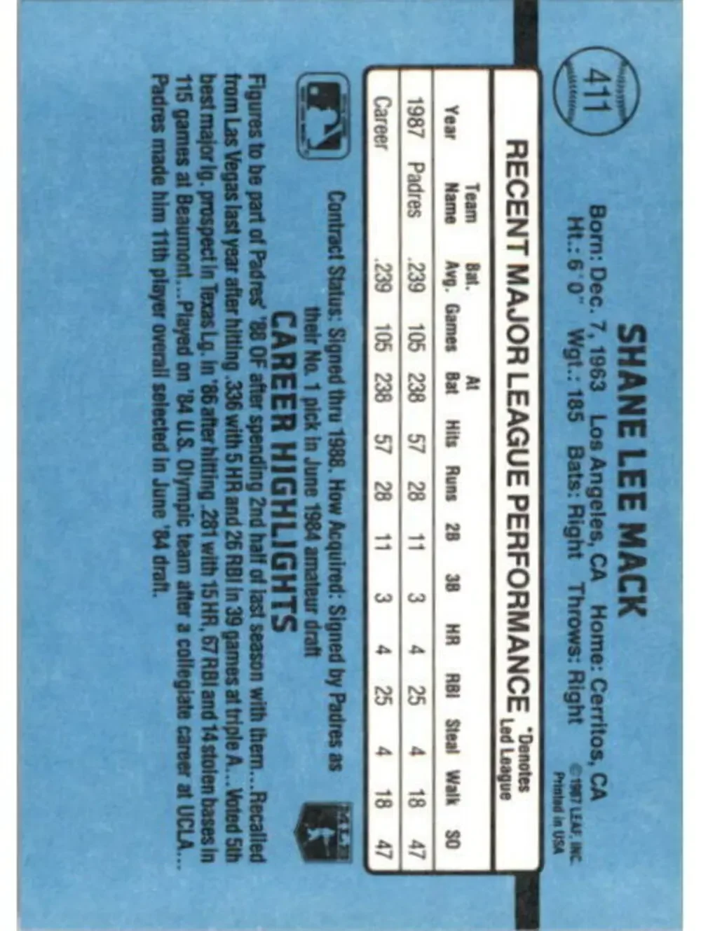 1988 Shane Mack Donruss Baseball Card #411